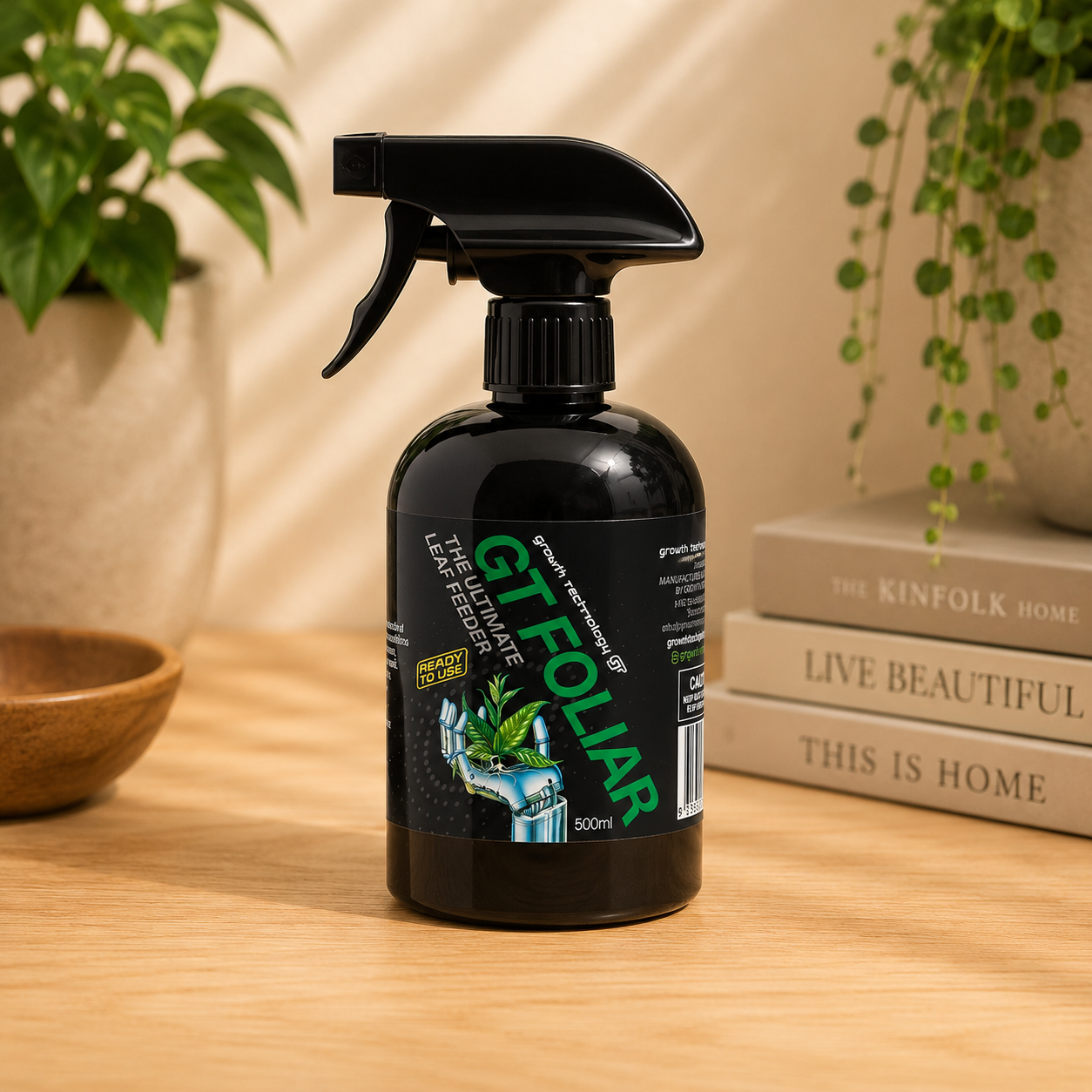 Growth Technology GT Foliar 500ml ready-to-use foliar spray displayed on a light oak surface.