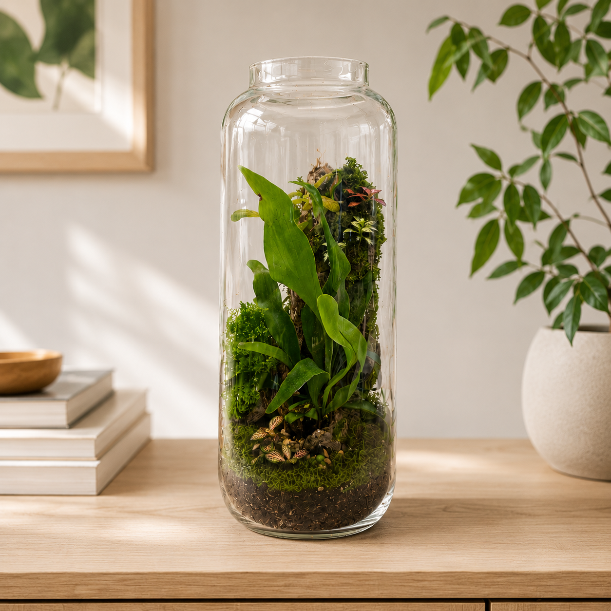 Large handcrafted terrarium featuring tropical plants and moss in a tall 50cm glass vessel, displayed on a light oak surface.