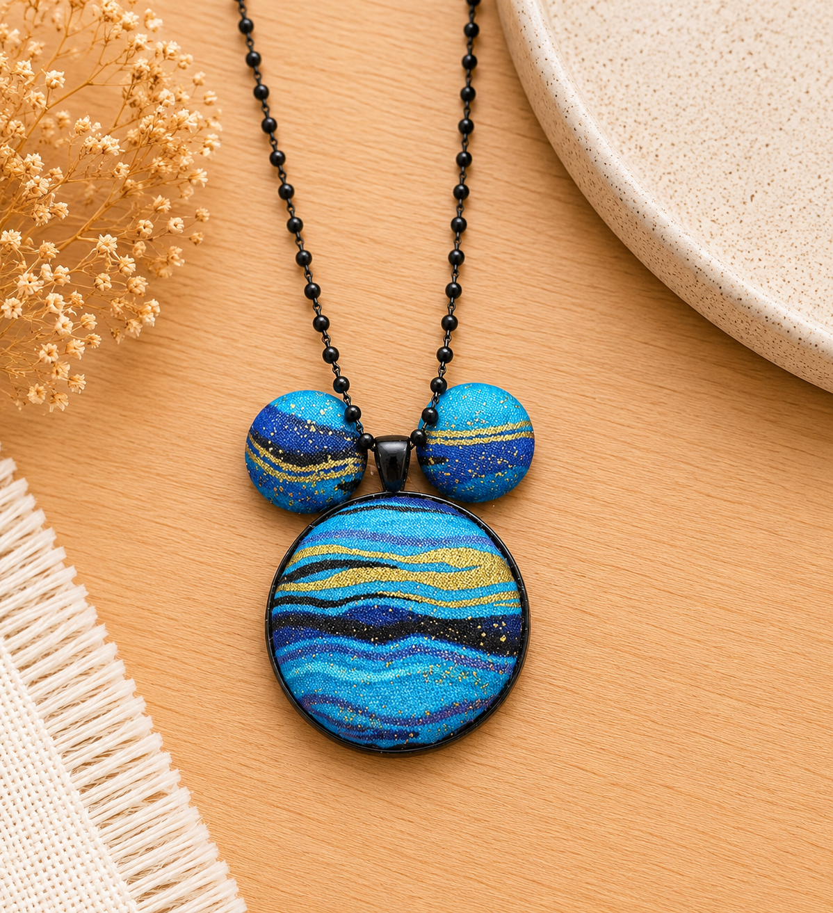 Handmade blue and gold galaxy-inspired statement necklace displayed on a light oak surface with neutral styling.