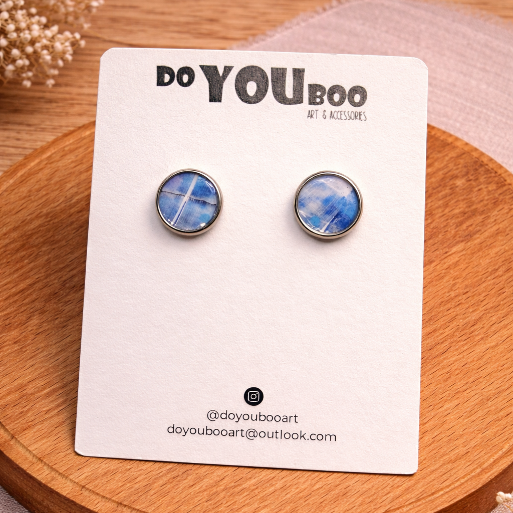 handmade blue marble stud earrings with round minimalist design