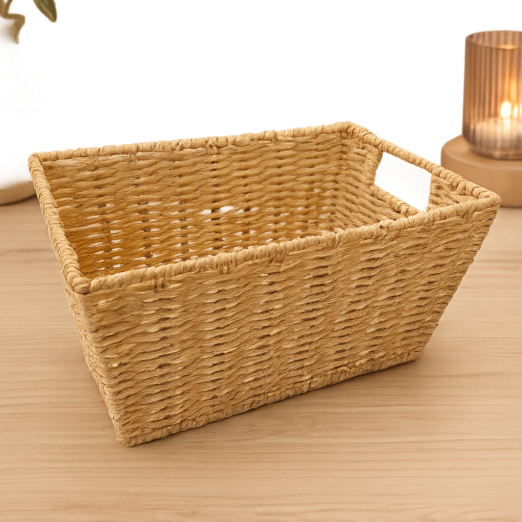 Woven basket on a wooden surface with a soft white background
