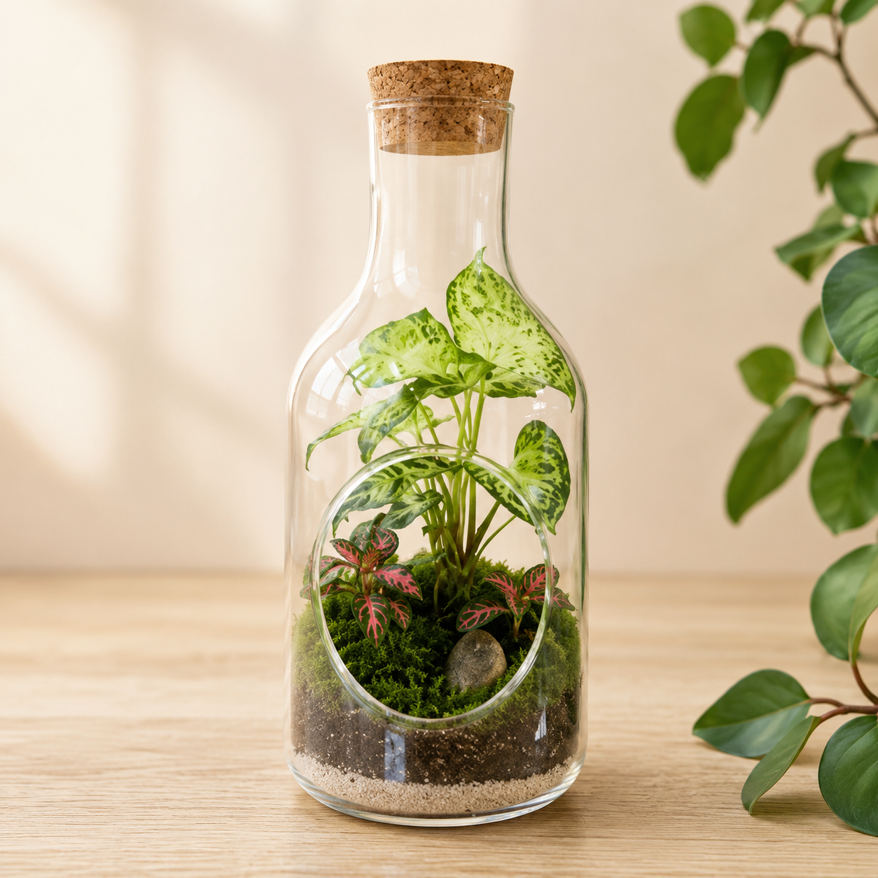 Medium handmade bottle terrarium with living tropical plants and moss in a glass bottle with cork lid.