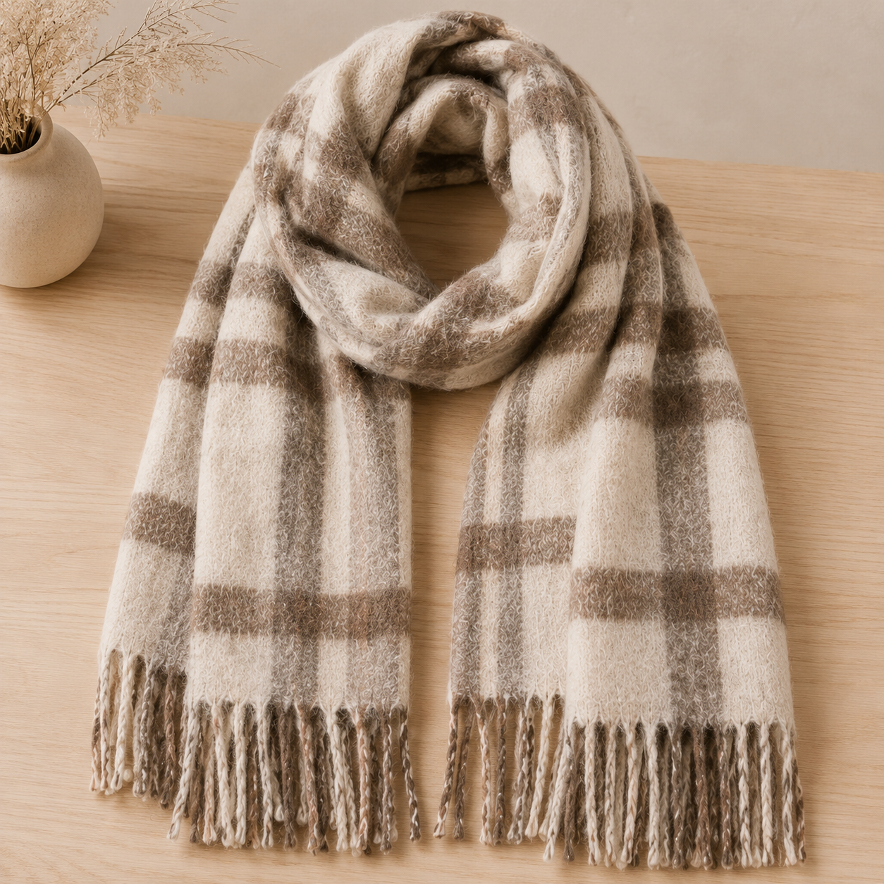 Soft oat and mocha check winter scarf with tassel fringe styled on light oak background