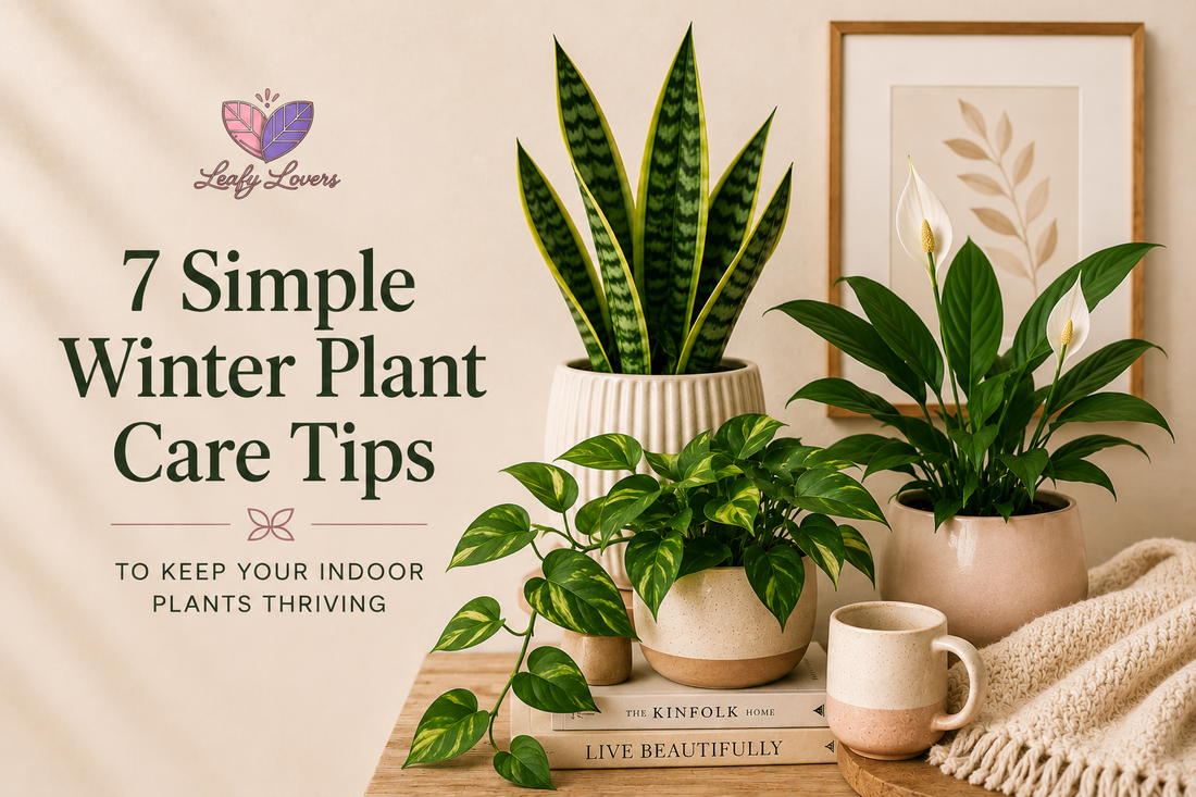 7 Simple Winter Plant Care Tips featuring indoor plants including Snake Plant, Peace Lily and Pothos in a cosy Melbourne home by Leafy Lovers.