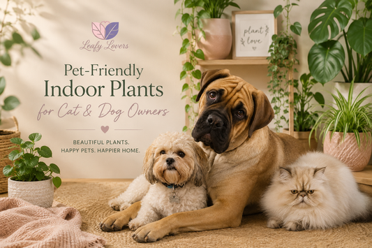 Bullmastiff, Shih Tzu and Persian cat surrounded by indoor plants in a cozy neutral-toned home with Leafy Lovers branding, promoting pet-friendly indoor plants for Australian homes.