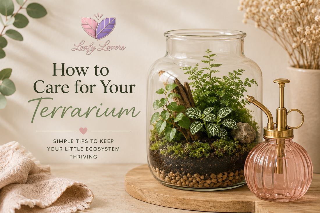 Soft neutral Leafy Lovers blog banner featuring a glass terrarium, blush pink water mister, natural greenery and beige styling with the title “How to Care for Your Terrarium” and the Leafy Lovers logo.
