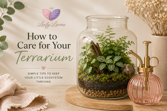 Soft neutral Leafy Lovers blog banner featuring a glass terrarium, blush pink water mister, natural greenery and beige styling with the title “How to Care for Your Terrarium” and the Leafy Lovers logo.