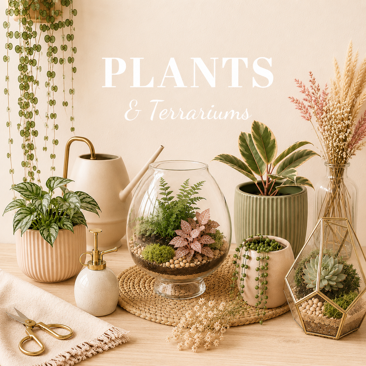 Leafy Lovers plants and terrariums banner featuring indoor plants, glass terrariums, soft oatmeal beige backgrounds, light wood styling, botanical decor and neutral home accessories with warm natural lighting.