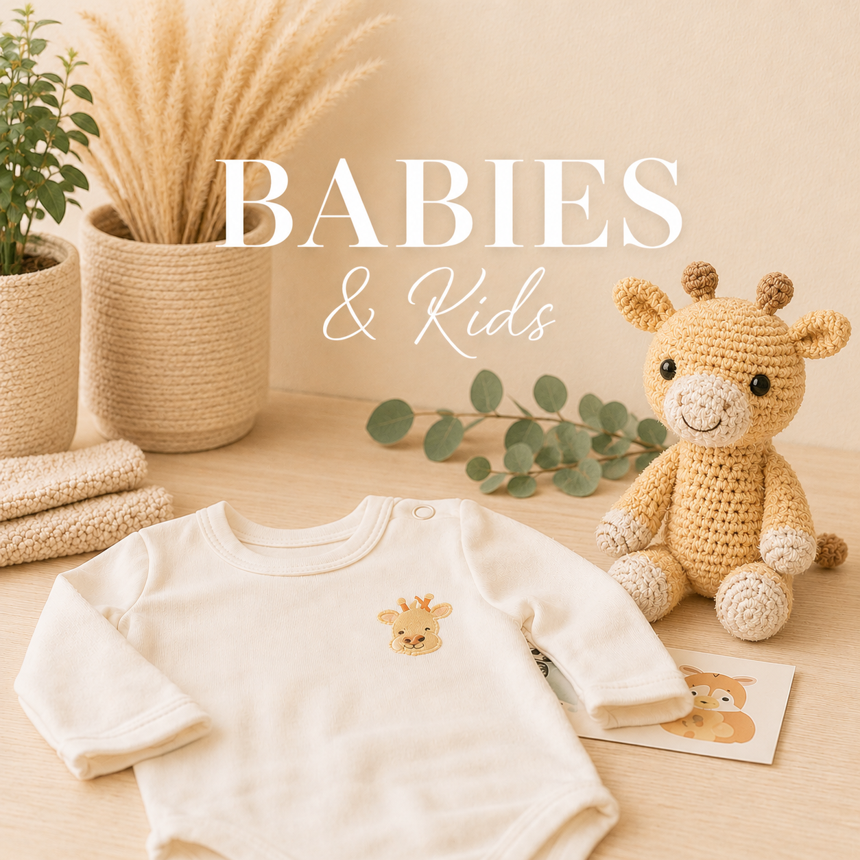 Leafy Lovers babies and kids collection featuring a crochet giraffe plush toy, neutral baby clothing, soft oatmeal beige backgrounds, light wood styling and natural nursery decor with warm soft lighting.