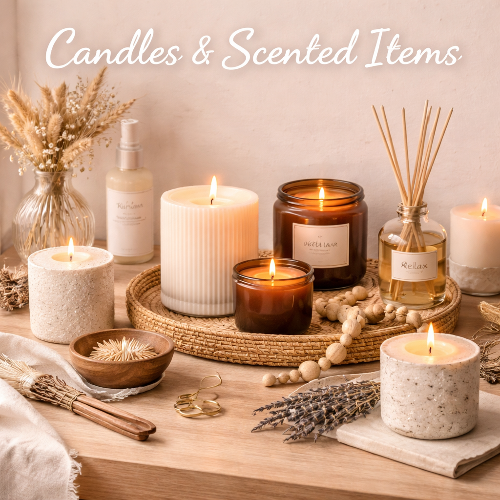 Scented candles and home fragrance items including reed diffusers styled on a light wood surface in a neutral setting