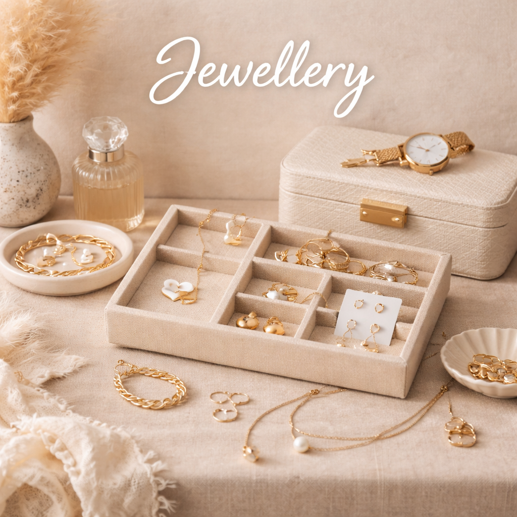 Handmade jewellery including gold necklaces, earrings and rings styled in a soft neutral setting