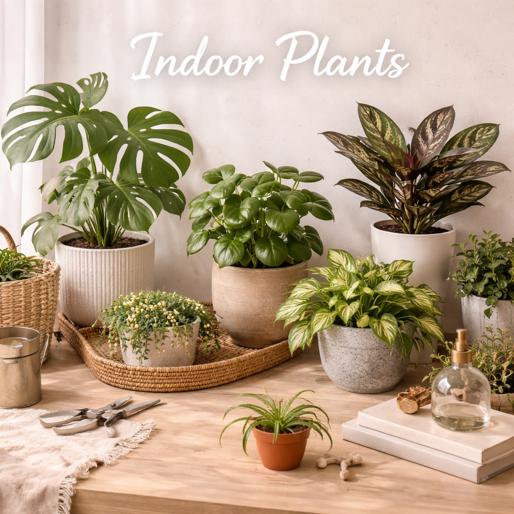 Indoor plants including monstera, pothos and leafy houseplants styled on a light wood surface in a neutral setting