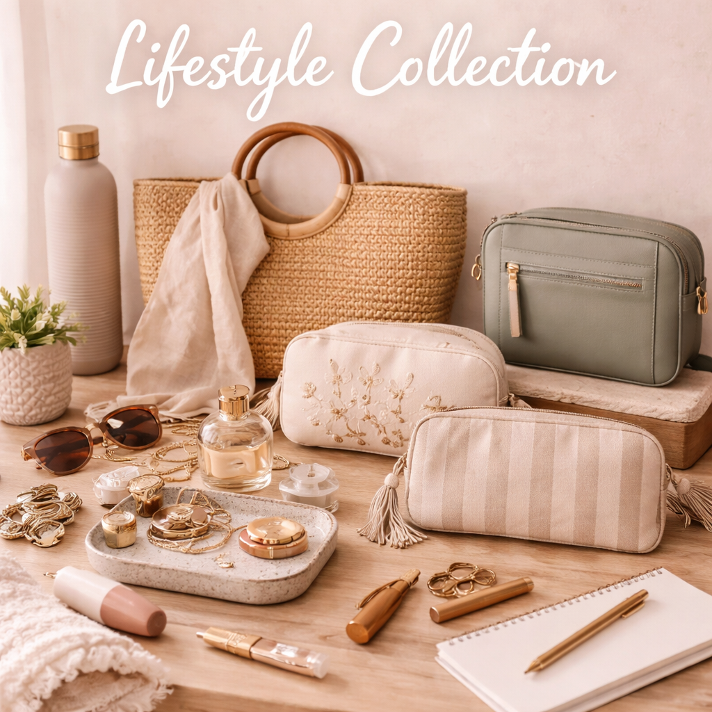 Lifestyle accessories including bags, pouches, sunglasses and everyday essentials styled on a light wood surface