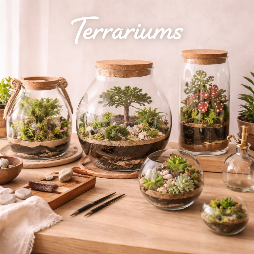Glass terrariums with moss, succulents and miniature plants styled on a light wood surface in a soft natural setting