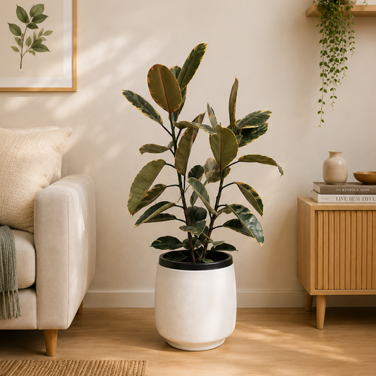 Variegated Ficus Tineke rubber plant with cream and green foliage displayed in a white ceramic pot.