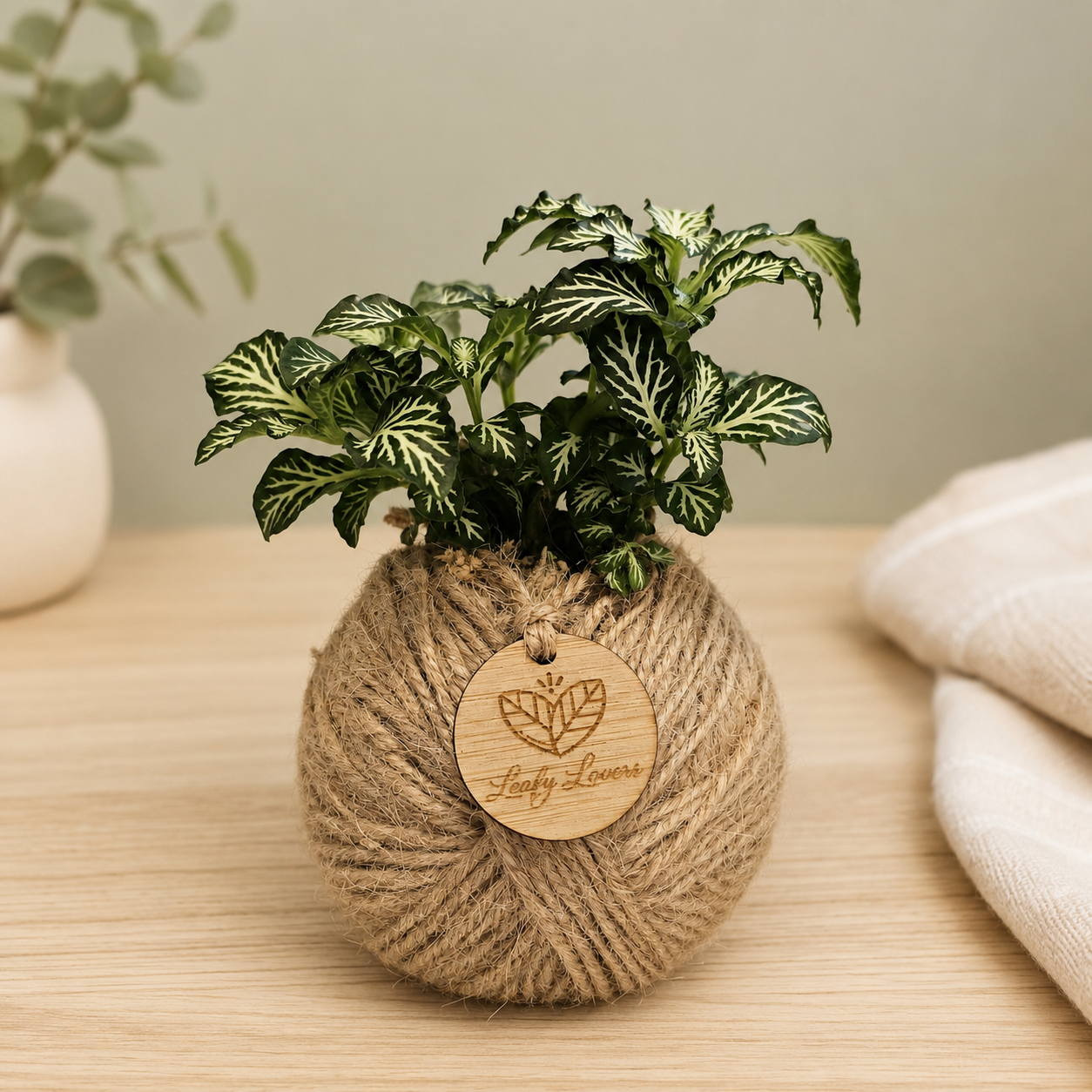 Handcrafted Fittonia kokedama ball wrapped in natural jute with green and cream variegated foliage, displayed in a neutral styled indoor setting.