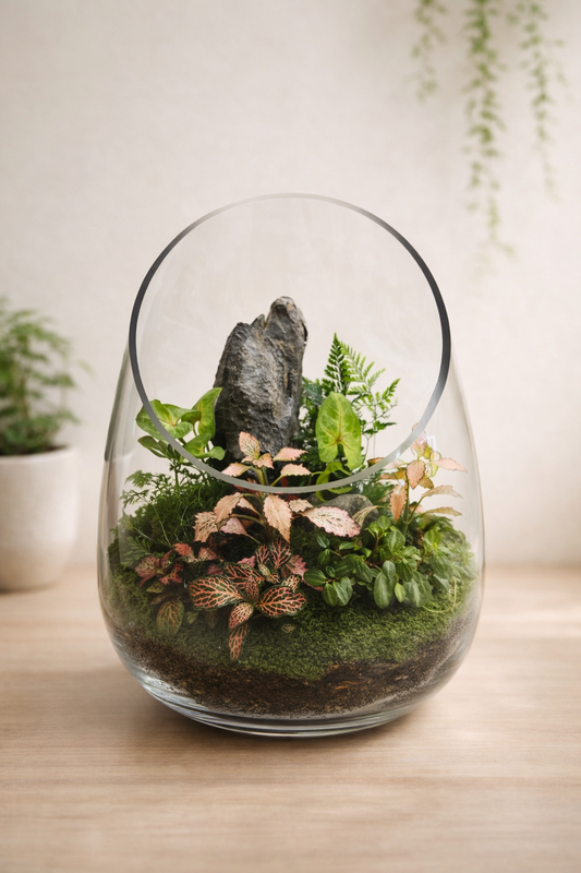 Handcrafted glass terrarium featuring moss, ferns, pink fittonia and natural stone in a modern open vessel