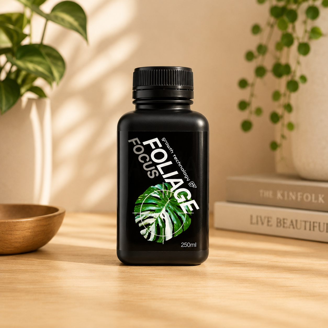 Growth Technology Foliage Focus 250ml liquid fertiliser for indoor foliage plants displayed on a light oak surface.