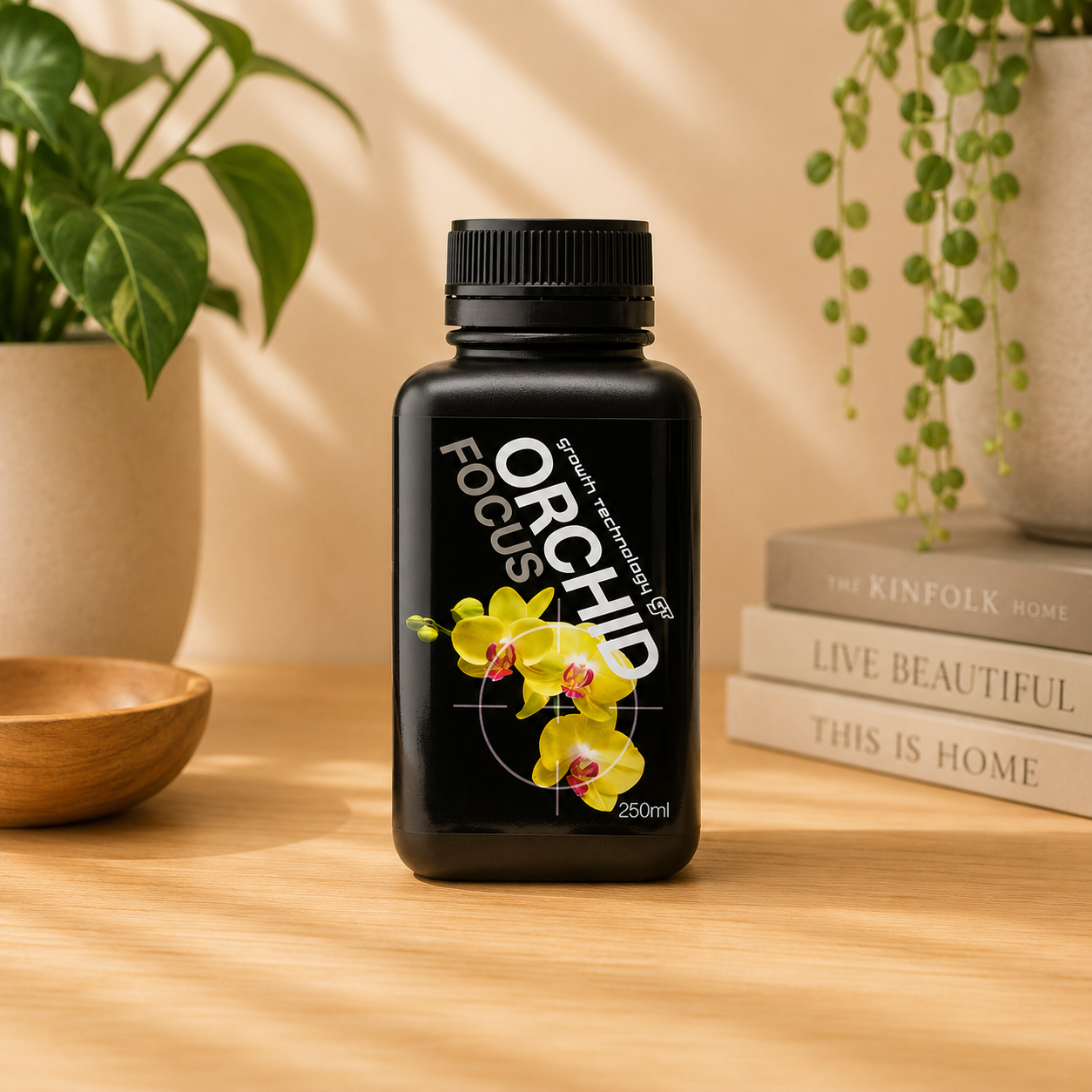 Growth Technology Orchid Focus 250ml liquid orchid fertiliser displayed on a light oak surface.