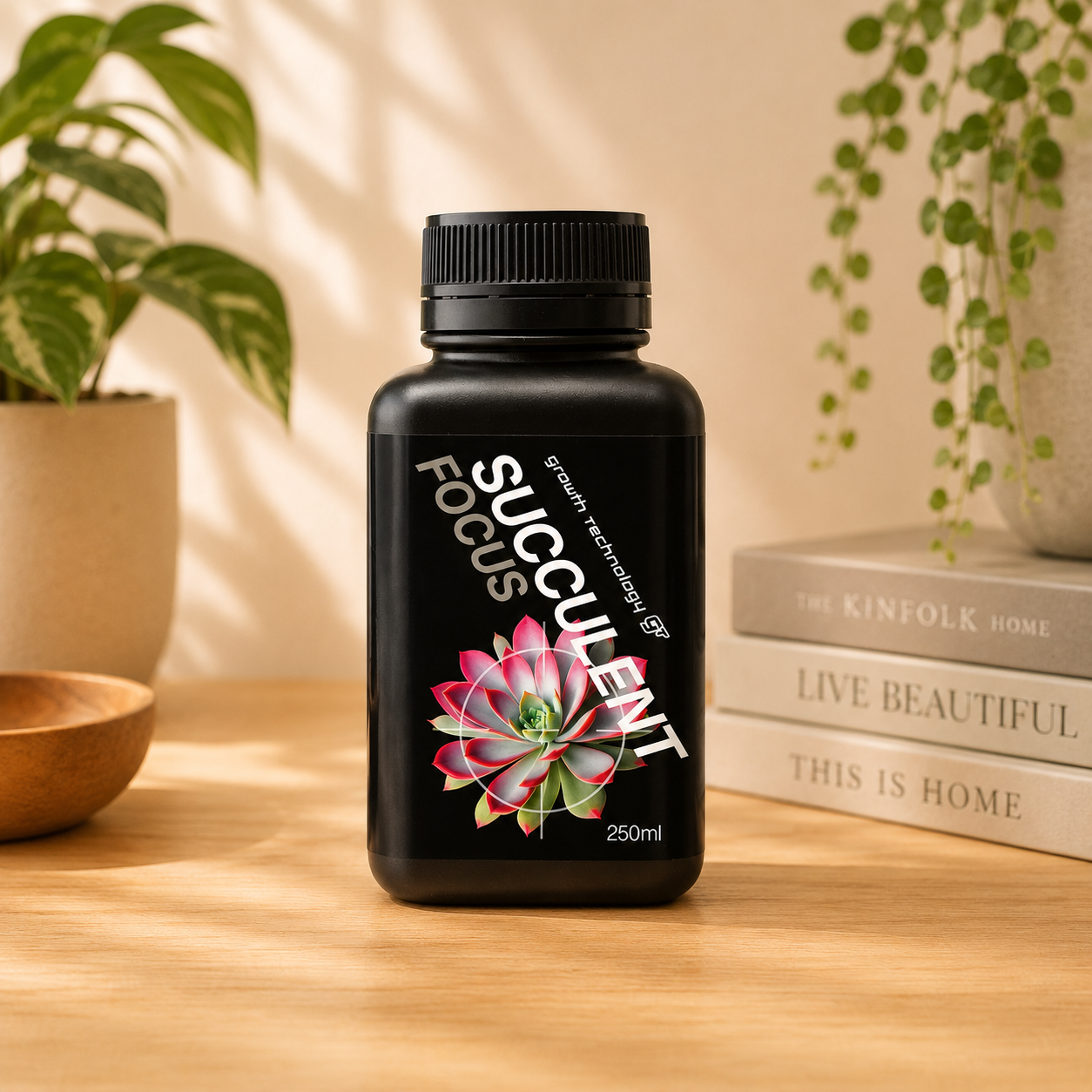 Growth Technology Succulent Focus 250ml liquid fertiliser for succulents and cacti displayed on a light oak surface.