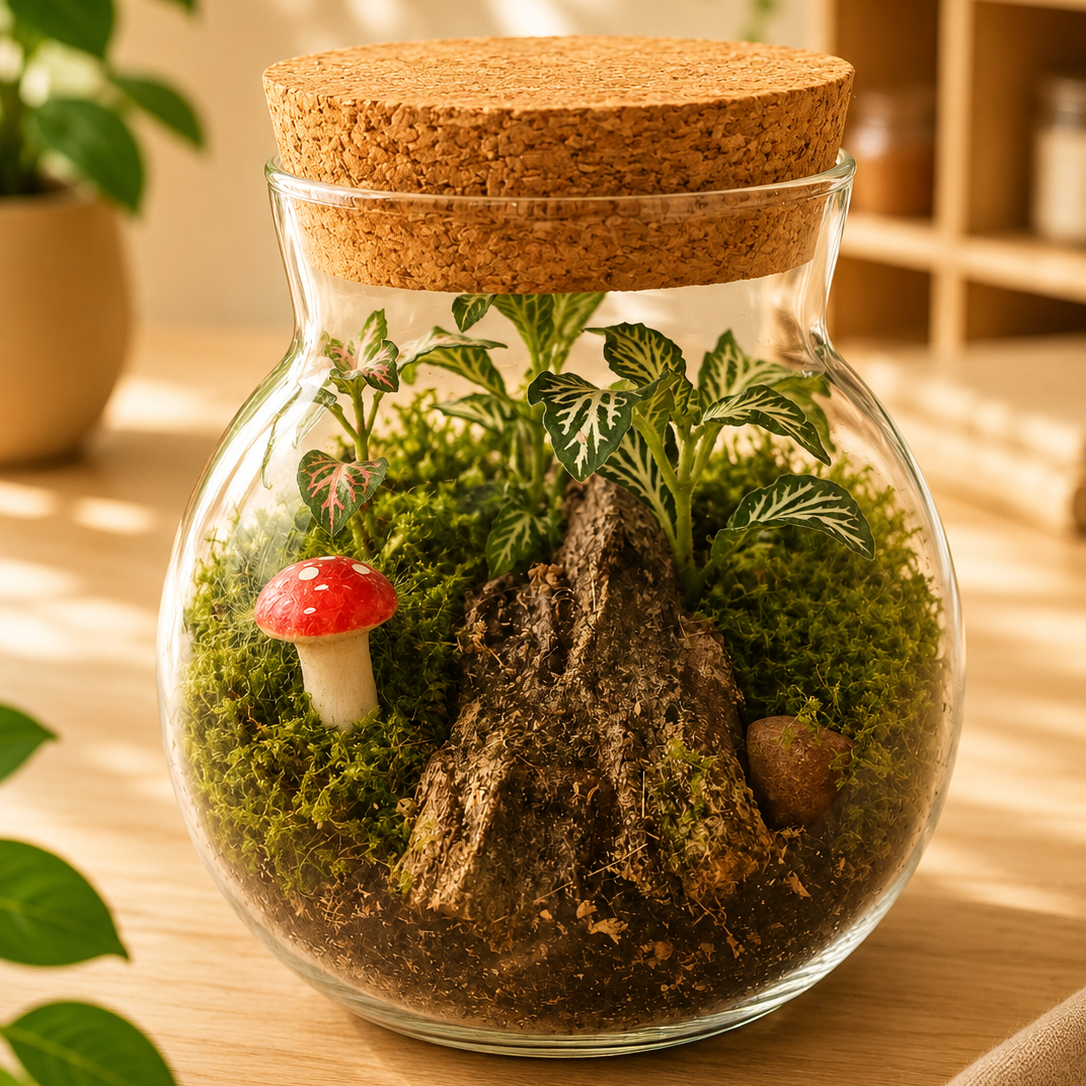 Glass jar with a cork lid containing a small terrarium with plants and a mushroom on a wooden surface.