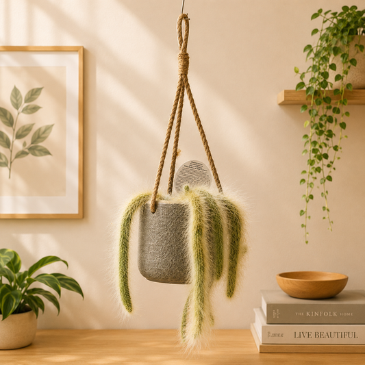 Monkey Tail Cactus with long trailing stems displayed in a decorative hanging planter suspended by natural rope.