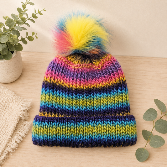 Rainbow Knit Pom Pom Wool Blend Beanie
