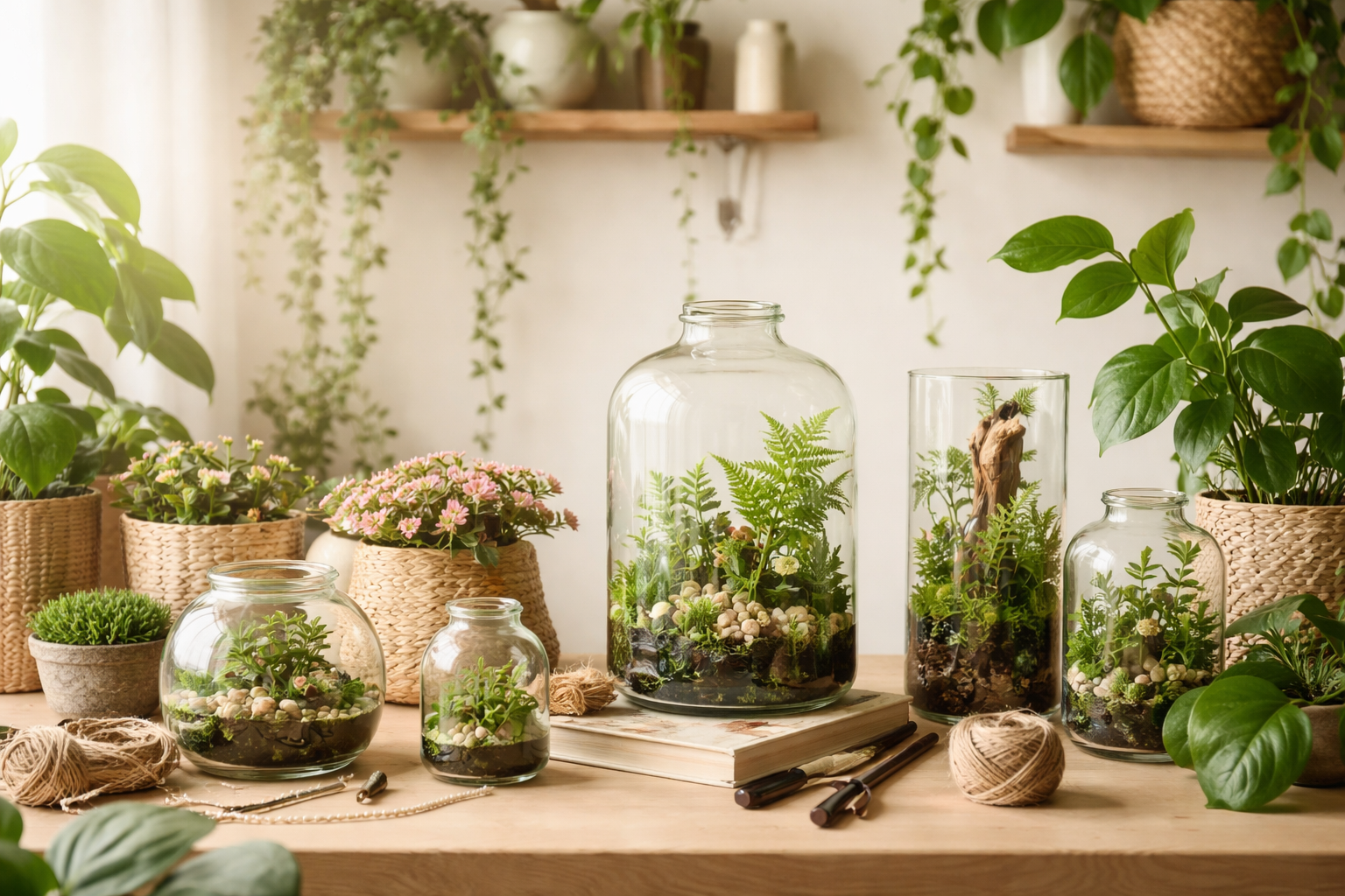 Terrariums on a wooden table with plants and books in the background