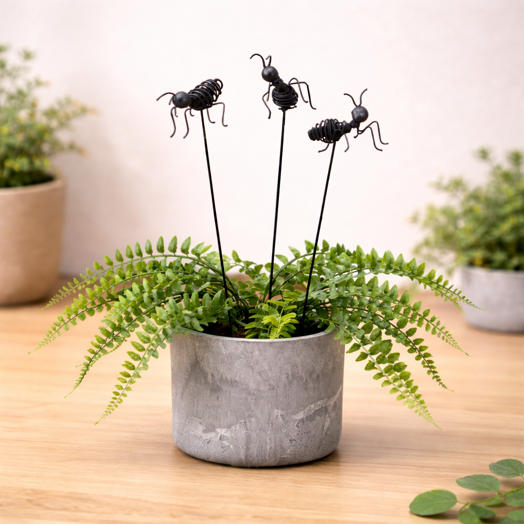 Black wire ant garden stakes placed in a potted fern, decorative outdoor plant accessory