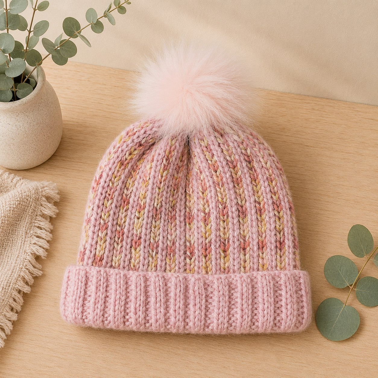 Blush pink wool blend ribbed knit beanie with pastel fleck detailing and oversized fluffy pom pom styled on a light oak surface with soft neutral decor for the Leafy Lovers winter collection.

Tags: