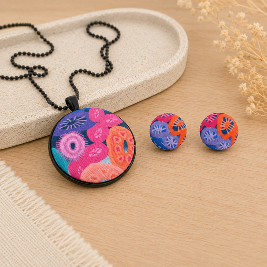 Colourful handmade pendant necklace and matching stud earrings with bright abstract floral print displayed on a light oak surface in a soft neutral styled setting.