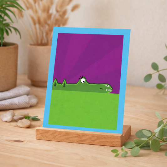 Crocodile blank greeting card with purple background and green design