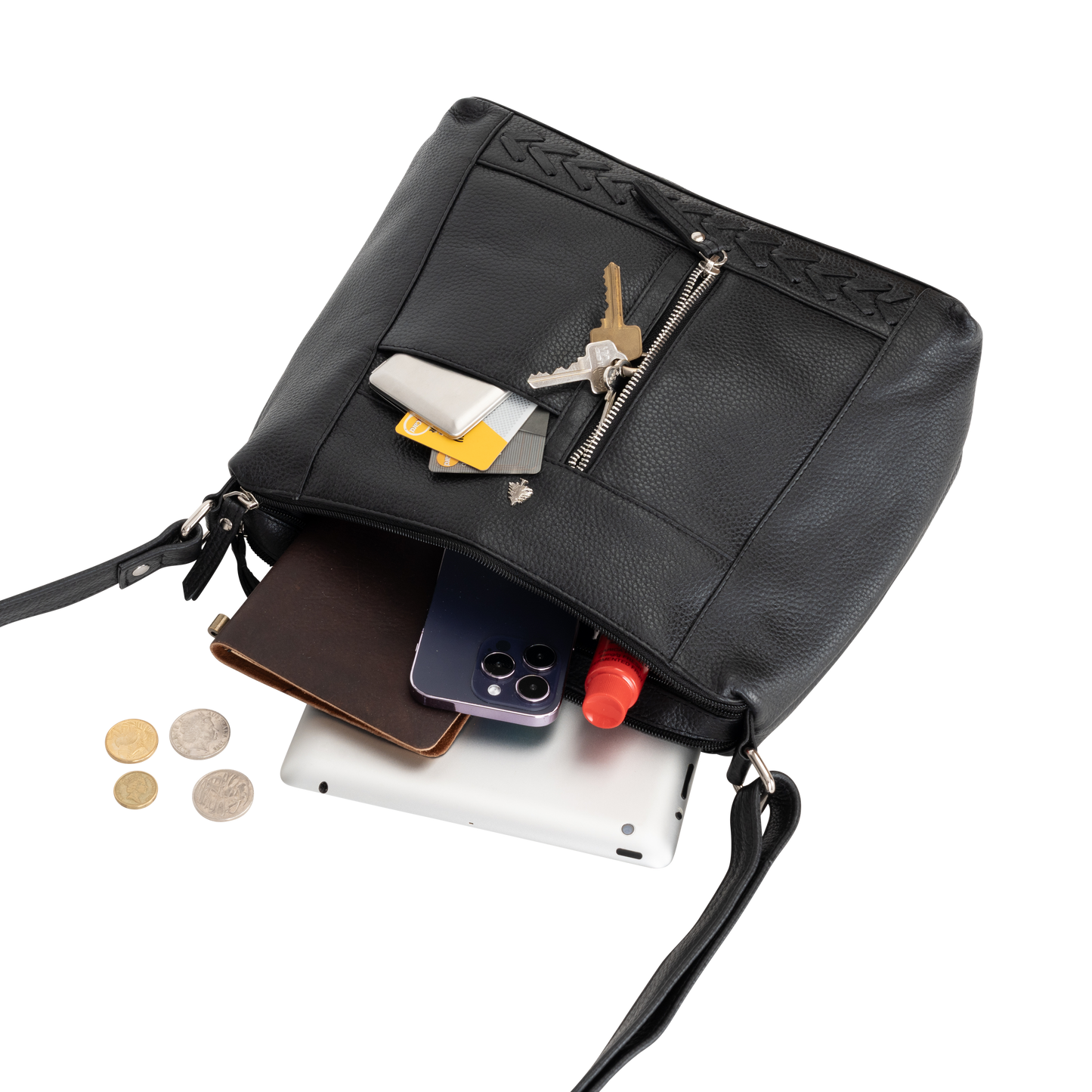 Savannah Woven Detail Leather Crossbody Bag – Classic Black