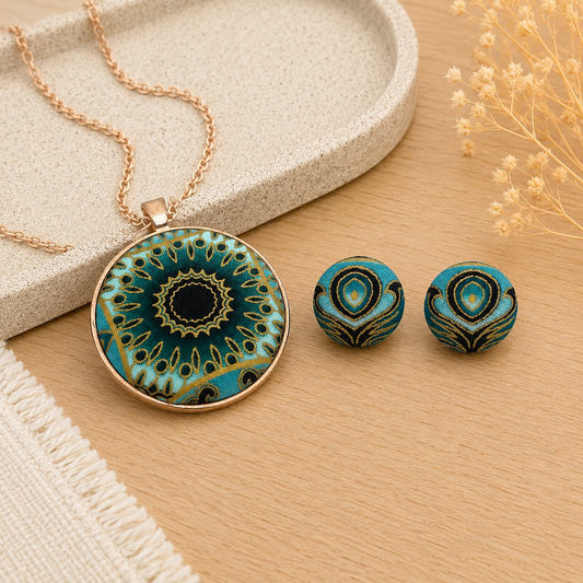 Handmade teal mandala pendant necklace with matching stud earrings displayed on a light oak surface in a soft neutral styled setting.