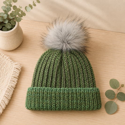 Forest green wool blend ribbed knit beanie with oversized fluffy pom pom styled on a light oak surface with soft neutral decor for the Leafy Lovers winter collection.