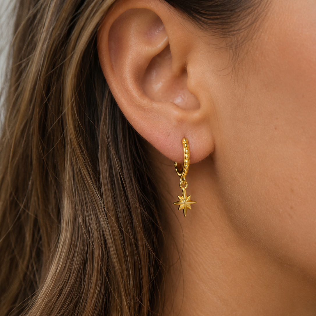 Gold North Star Huggie Earrings made from waterproof PVD gold plated stainless steel.