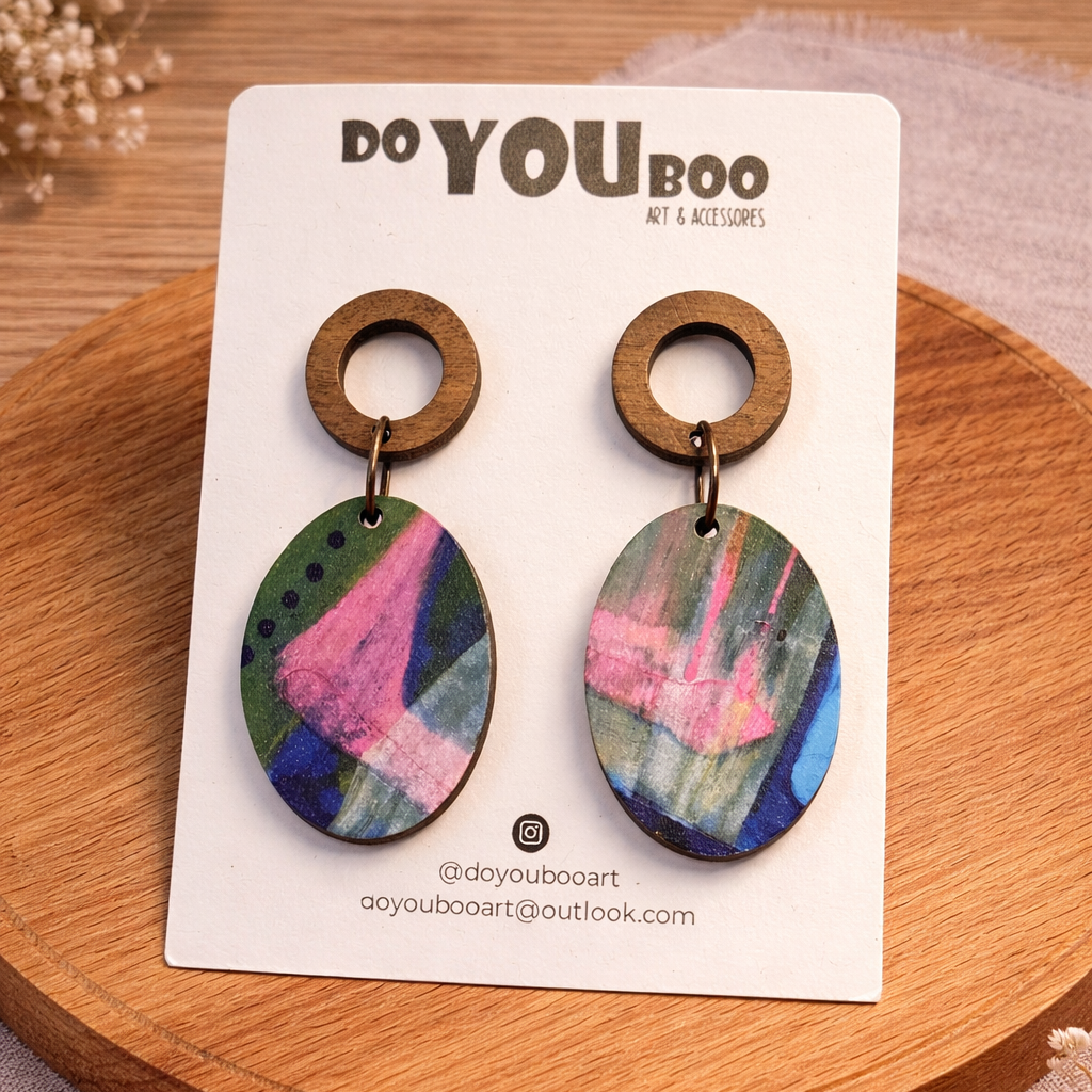 handmade abstract oval statement earrings with wood and colourful design