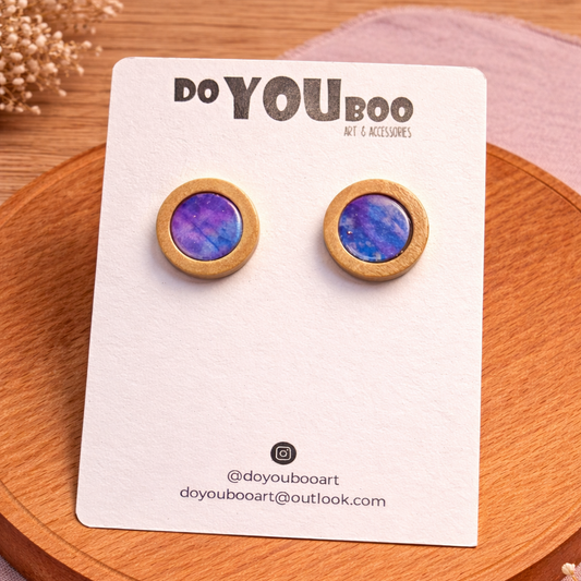 handmade blue and purple stud earrings with wooden frame design