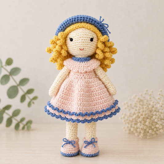 Handmade crochet doll with curly blonde hair wearing a blush pink dress with blue trim and matching bonnet.