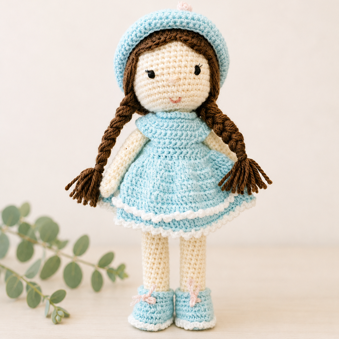 Handmade crochet doll wearing a pastel blue dress and beret standing on a neutral background.