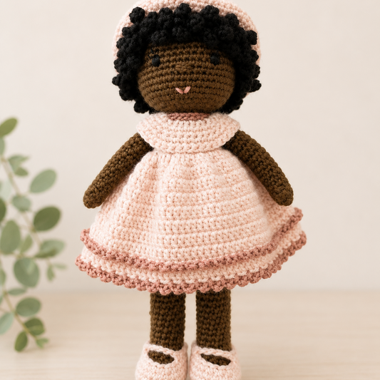 Handmade crochet doll with textured curly hair wearing a soft blush pink dress and matching shoes.