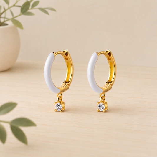 White Enamel Hoop Earrings with CZ Charm | 17mm Gold Plated Sterling Silver