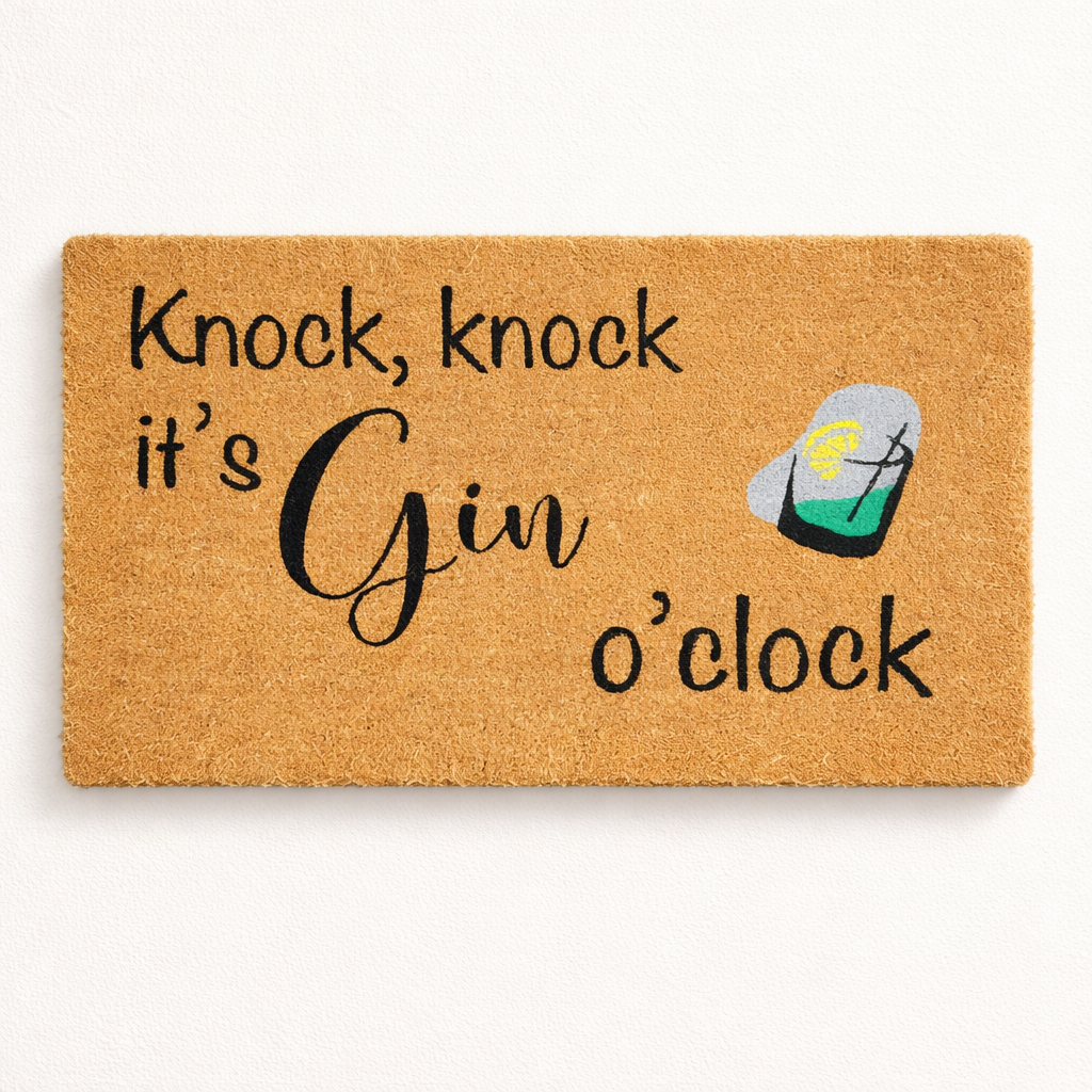 Knock knock it’s gin o’clock funny coir doormat with cocktail design