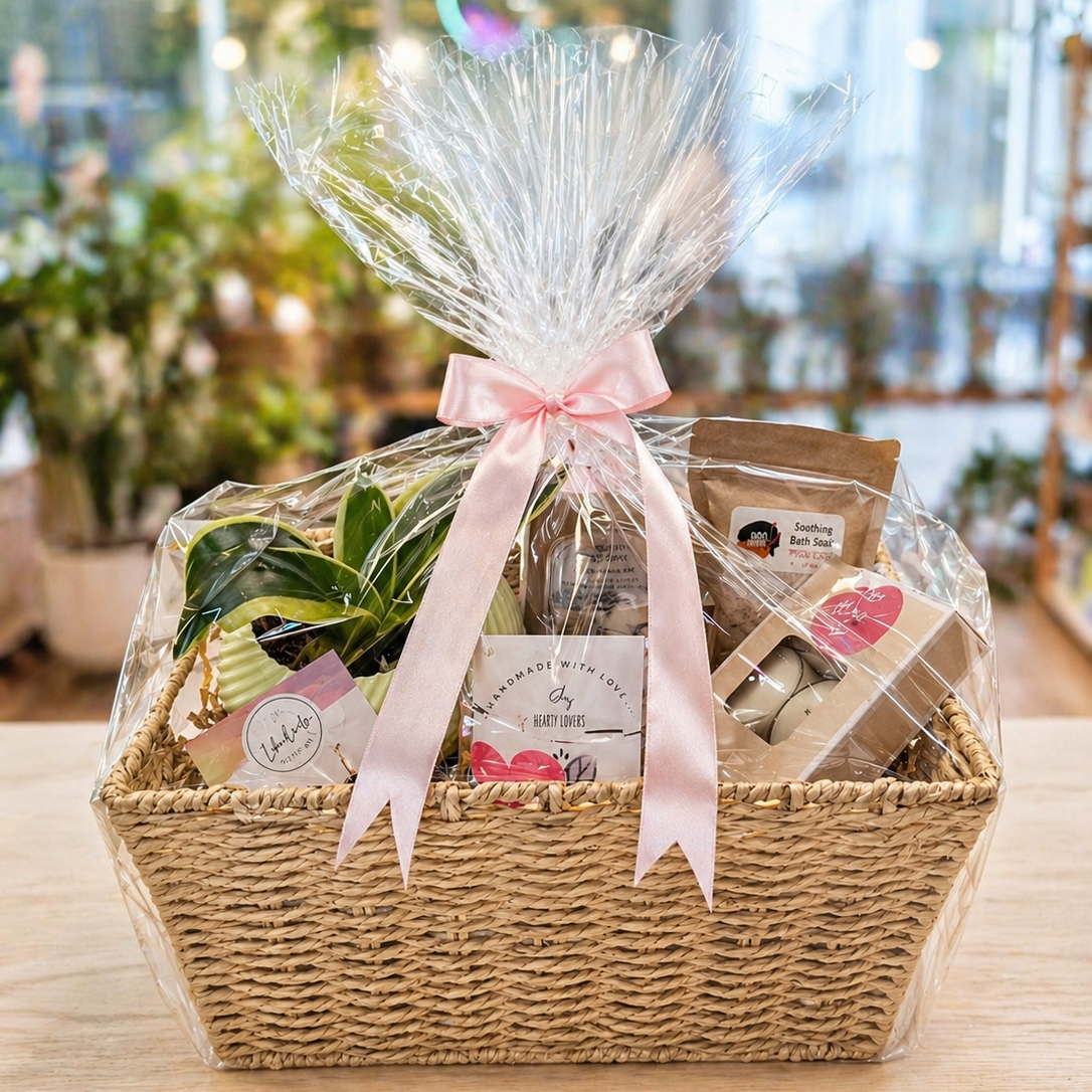 Gift basket with a pink ribbon on a wooden table in a store setting