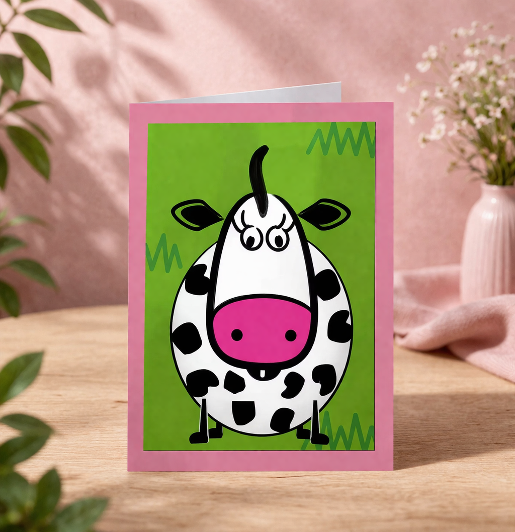 cute cow greeting card cartoon cow blank card with pink details and envelope