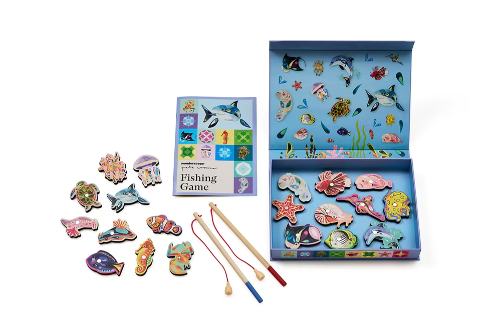 Pete Cromer fishing game with colourful sea animals on light oak background