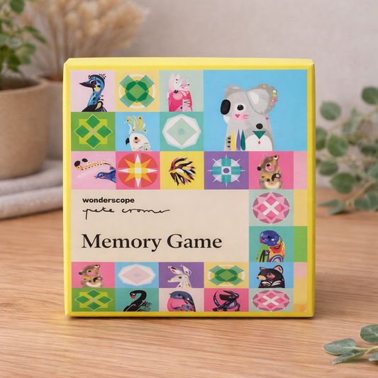 Pete Cromer memory game box with colourful Australian animal illustrations on light oak background
