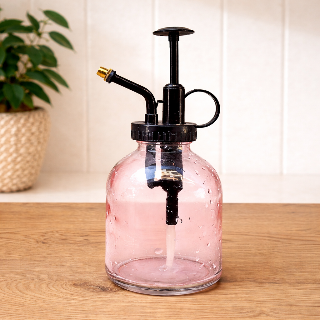 pink glass plant mister with black pump on light oak background minimal styling