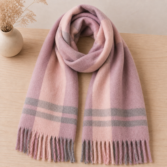 Blush and mauve oversized winter scarf with tassel fringe styled on light oak background