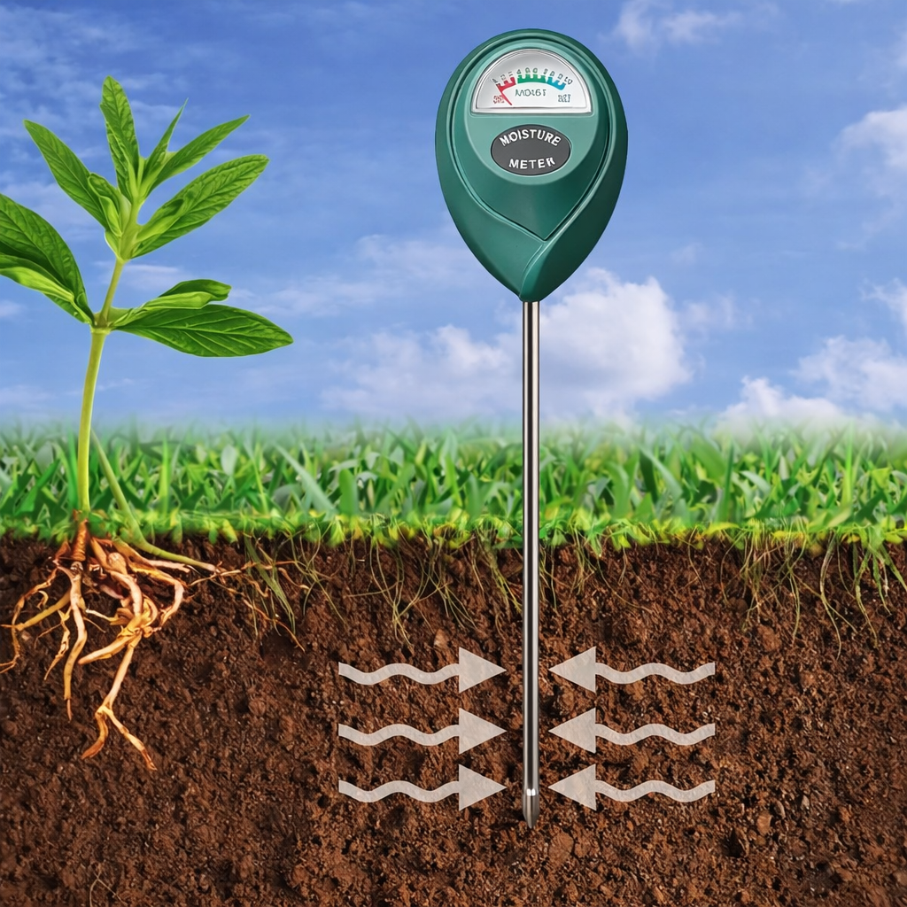 Soil moisture meter inserted into plant soil showing moisture levels with roots and greenery